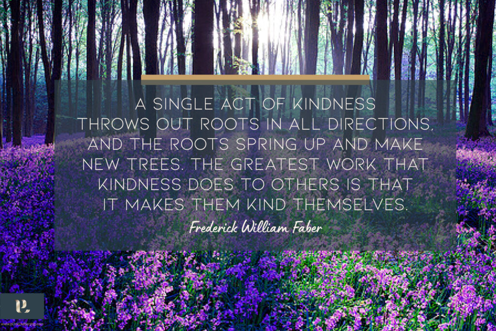 "A single act of kindness throws out roots in all directions, and the roots spring up and make new trees. The greatest work that kindness does to others is that it makes them kind themselves." Frederick William Faber